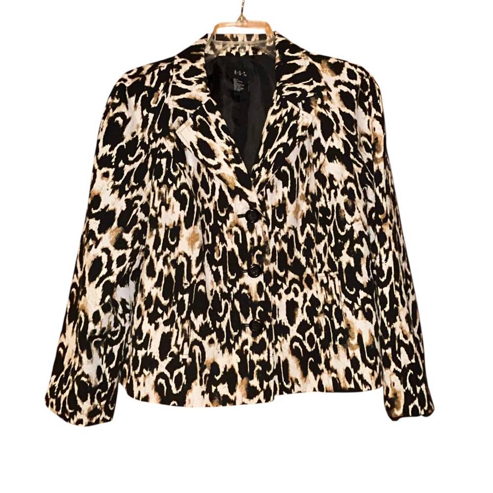 RQT Women’s Animal Print Blazer Large Cotton Black Tan Leopard Jacket Lined